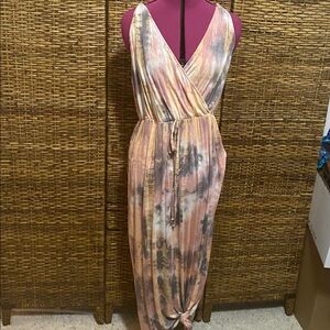 EUC White Birch pink, grey cream, tie-dye, faux wrap maxi dress XL